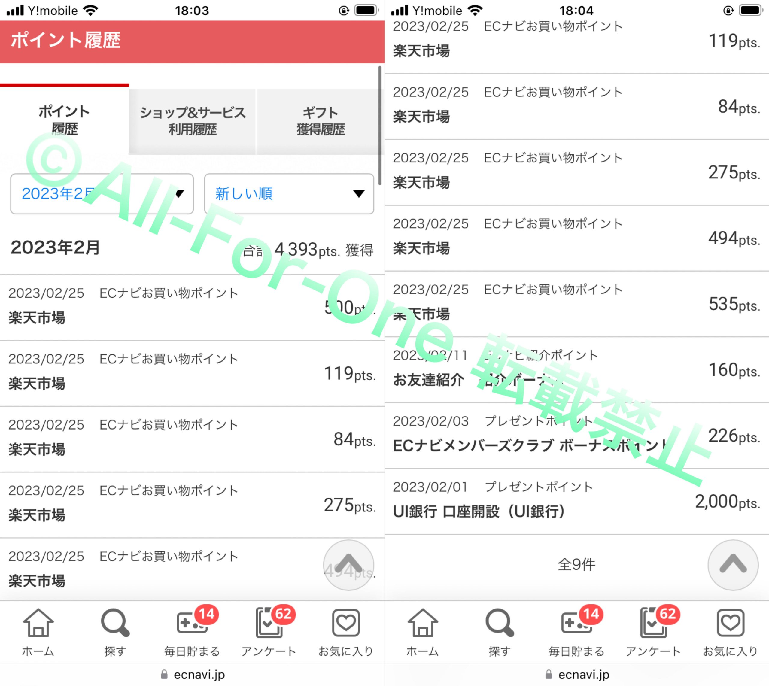 楽天からのポイント獲得履歴