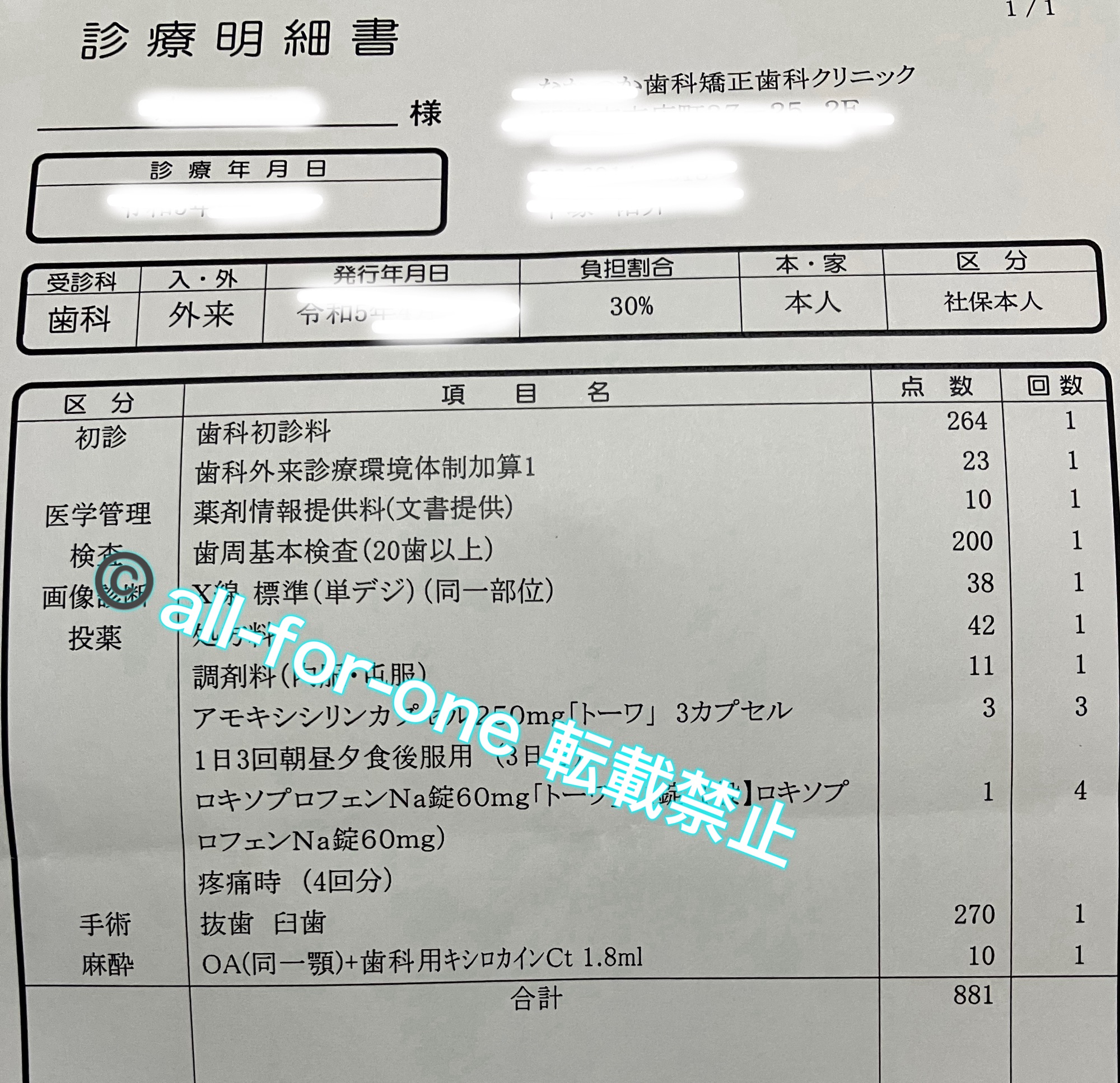 親知らず抜歯費用詳細（診療明細）